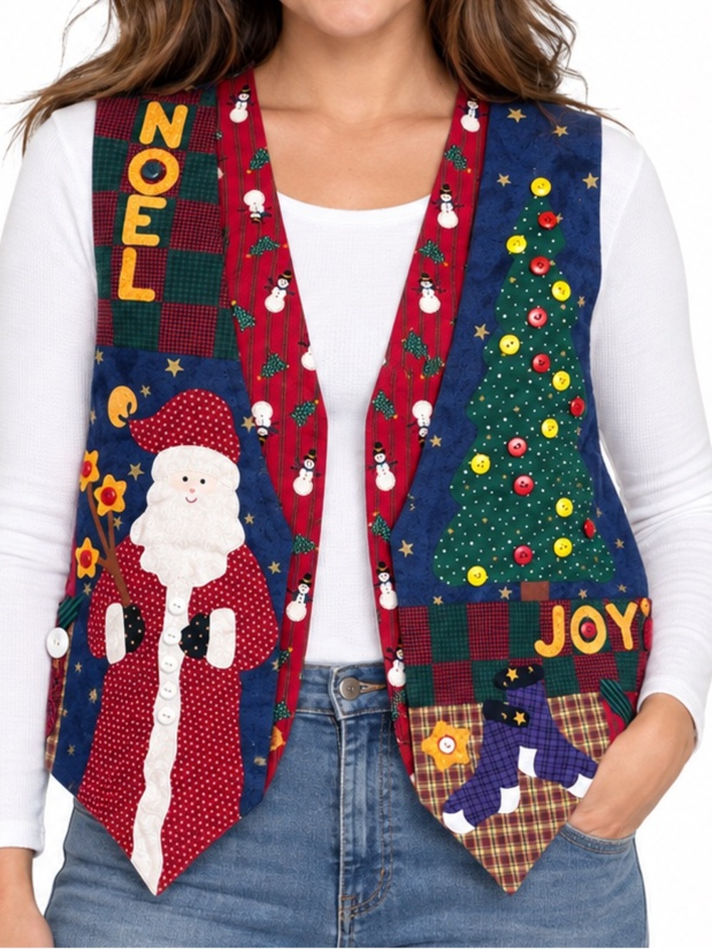 Vintage Christmas Vest Santa Snowman Tree Appliqué Buttons Noel Joy